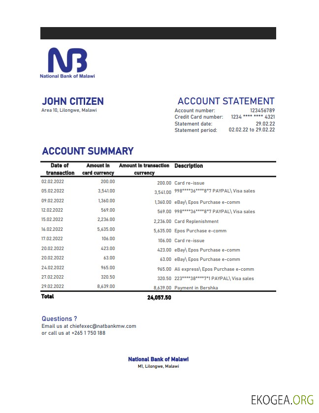 Déclaration de la Banque nationale du Malawi